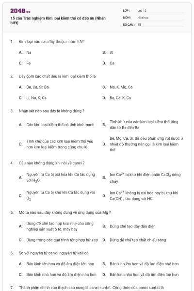 15 câu Trắc nghiệm Kim loại kiềm thổ có đáp án (Nhận biết)