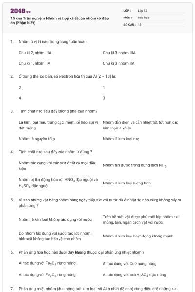 15 câu Trắc nghiệm Nhôm và hợp chất của nhôm có đáp án (Nhận biết)