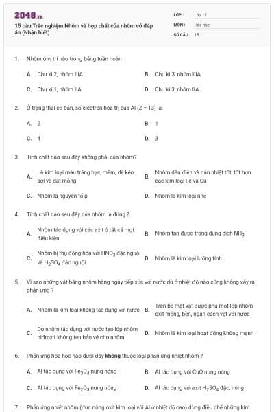 15 câu Trắc nghiệm Nhôm và hợp chất của nhôm có đáp án (Nhận biết)