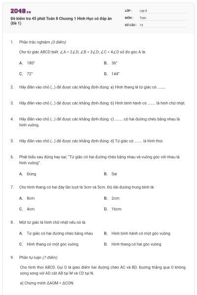 Đề kiểm tra 45 phút Toán 8 Chương 1 Hình Học có đáp án (Đề 1)