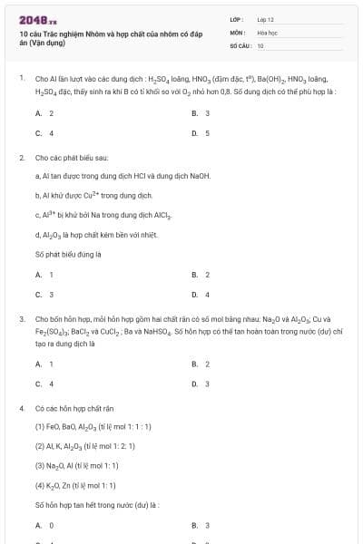 10 câu Trắc nghiệm Nhôm và hợp chất của nhôm có đáp án (Vận dụng)