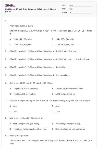 Đề kiểm tra 45 phút Toán 8 Chương 1 Hình Học có đáp án (Đề 2)