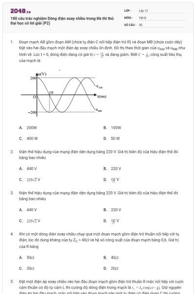 180 câu trắc nghiệm Dòng điện xoay chiều trong Đề thi thử Đại học có lời giải (P2)