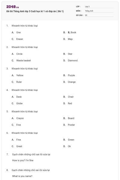 Đề thi Tiếng Anh lớp 3 Cuối học kì 1 có đáp án ( Đề 1)