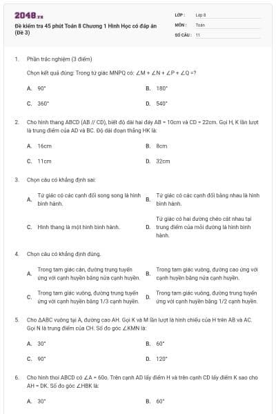 Đề kiểm tra 45 phút Toán 8 Chương 1 Hình Học có đáp án (Đề 3)