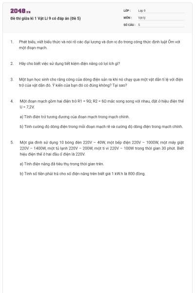 Đề thi giữa kì 1 Vật Lí 9 có đáp án (Đề 5)