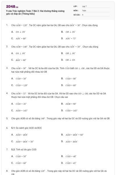 9 câu Trắc nghiệm Toán 7 Bài 2: Hai đường thẳng vuông góc có đáp án (Thông hiểu)