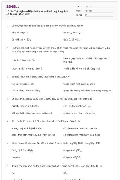 15 câu Trắc nghiệm Nhận biết một số ion trong dung dịch có đáp án (Nhận biết)