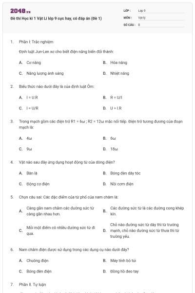 Đề thi Học kì 1 Vật Lí lớp 9 cực hay, có đáp án (Đề 1)