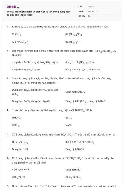 10 câu Trắc nghiệm Nhận biết một số ion trong dung dịch có đáp án (Thông hiểu)