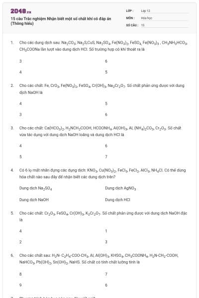 15 câu Trắc nghiệm Nhận biết một số chất khí có đáp án (Thông hiểu)