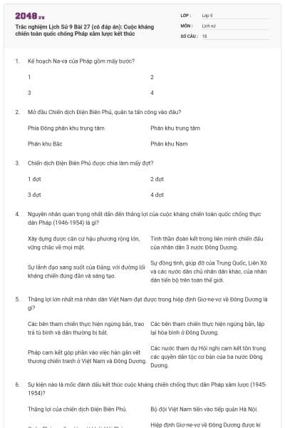 Trắc nghiệm Lịch Sử 9 Bài 27 (có đáp án): Cuộc kháng chiến toàn quốc chống Pháp xâm lược kết thúc