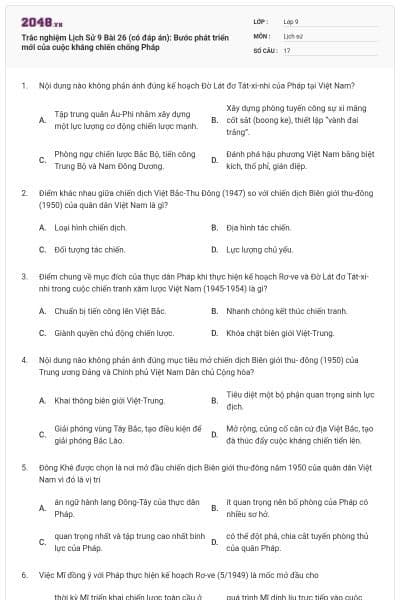 Trắc nghiệm Lịch Sử 9 Bài 26 (có đáp án): Bước phát triển mới của cuộc kháng chiến chống Pháp