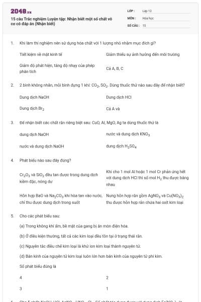 15 câu Trắc nghiệm Luyện tập: Nhận biết một số chất vô cơ có đáp án (Nhận biết)