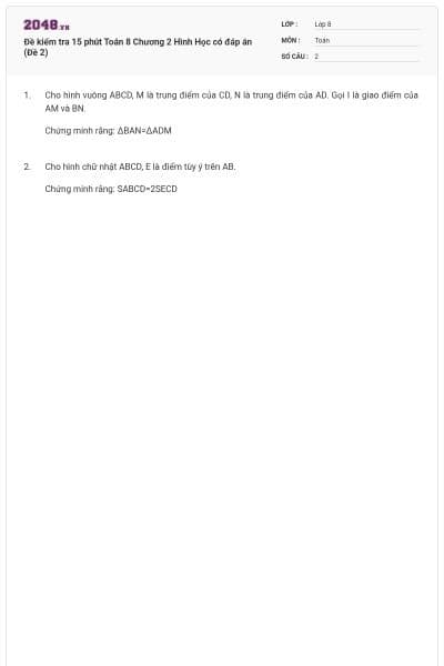 Đề kiểm tra 15 phút Toán 8 Chương 2 Hình Học có đáp án (Đề 2)