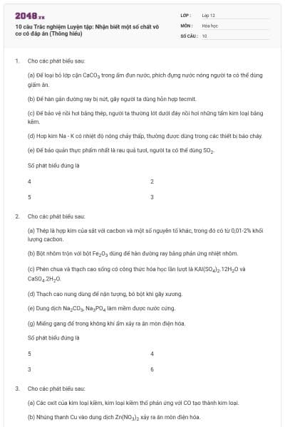 10 câu Trắc nghiệm Luyện tập: Nhận biết một số chất vô cơ có đáp án (Thông hiểu)