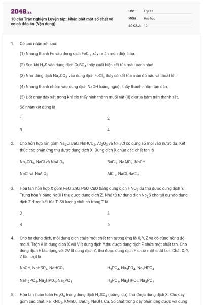 10 câu Trắc nghiệm Luyện tập: Nhận biết một số chất vô cơ có đáp án (Vận dụng)
