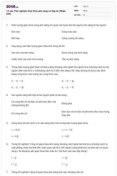 12 câu Trắc nghiệm Giao thoa ánh sáng có đáp án (Nhận biết)