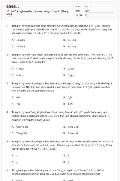 15 câu Trắc nghiệm Giao thoa ánh sáng có đáp án (Thông hiểu)