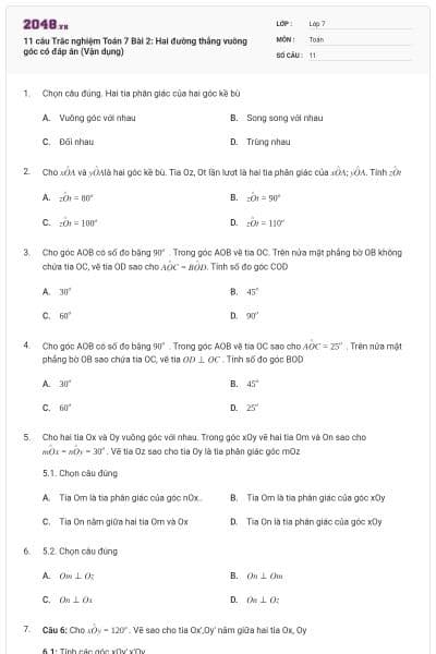 11 câu Trắc nghiệm Toán 7 Bài 2: Hai đường thẳng vuông góc có đáp án (Vận dụng)