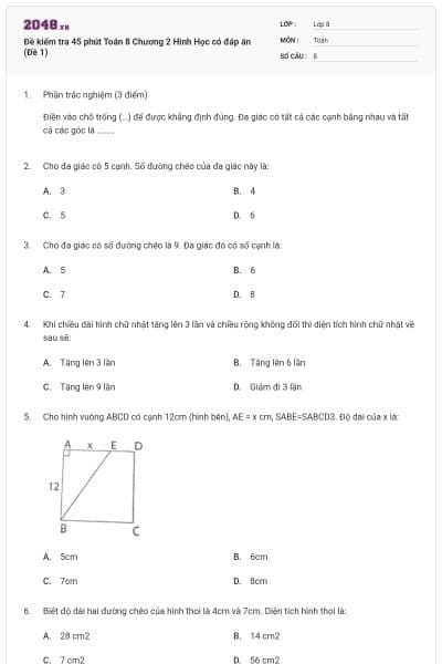Đề kiểm tra 45 phút Toán 8 Chương 2 Hình Học có đáp án (Đề 1)