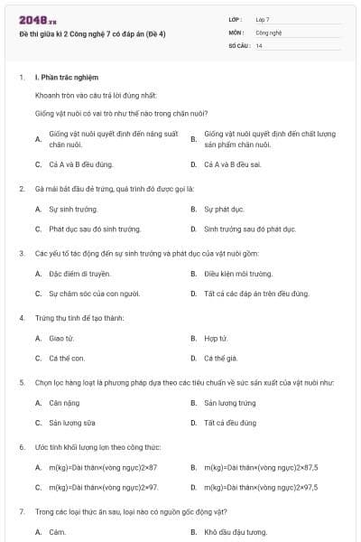 Đề thi giữa kì 2 Công nghệ 7 có đáp án (Đề 4)