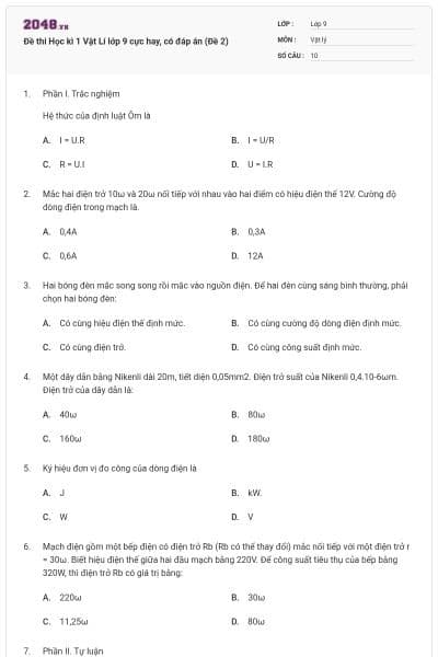 Đề thi Học kì 1 Vật Lí lớp 9 cực hay, có đáp án (Đề 2)