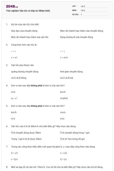 Trắc nghiệm Vận tốc có đáp án (Nhận biết)
