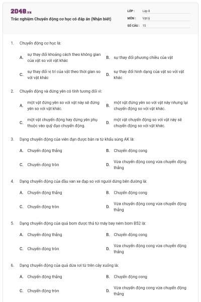 Trắc nghiệm Chuyển động cơ học có đáp án (Nhận biết)