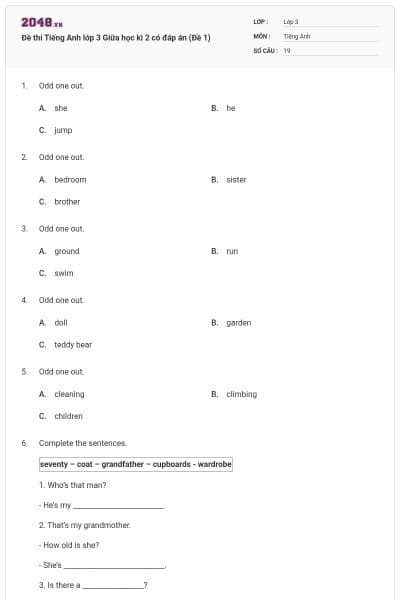 Đề thi Tiếng Anh lớp 3 Giữa học kì 2 có đáp án (Đề 1)