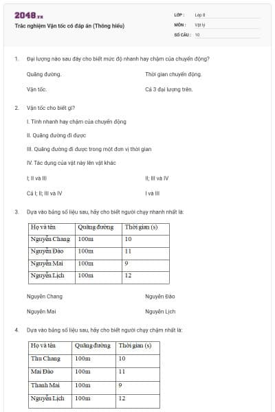Trắc nghiệm Vận tốc có đáp án (Thông hiểu)
