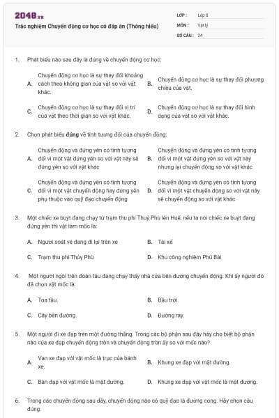 Trắc nghiệm Chuyển động cơ học có đáp án (Thông hiểu)