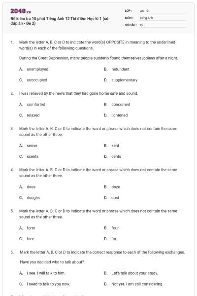 Đề kiểm tra 15 phút Tiếng Anh 12 Thí điểm Học kì 1 (có đáp án - Đề 2)