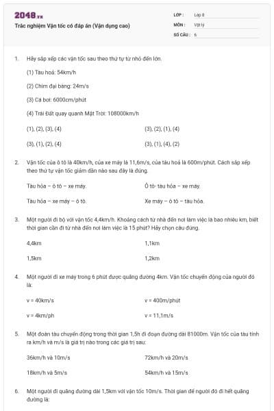 Trắc nghiệm Vận tốc có đáp án (Vận dụng cao)