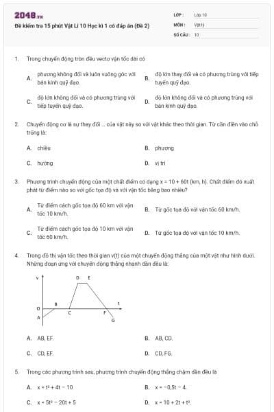 Đề kiểm tra 15 phút Vật Lí 10 Học kì 1 có đáp án (Đề 2)
