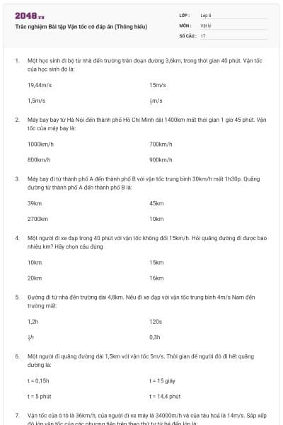 Trắc nghiệm Bài tập Vận tốc có đáp án (Thông hiểu)