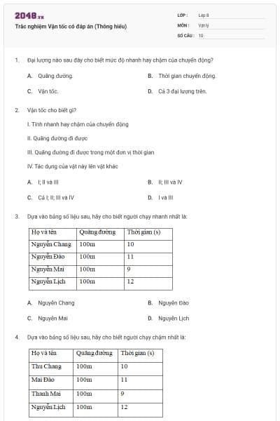 Trắc nghiệm Vận tốc có đáp án (Thông hiểu)