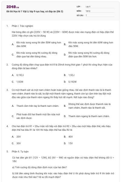 Đề thi Học kì 1 Vật Lí lớp 9 cực hay, có đáp án (Đề 3)