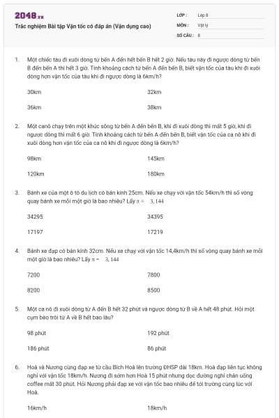 Trắc nghiệm Bài tập Vận tốc có đáp án (Vận dụng cao)