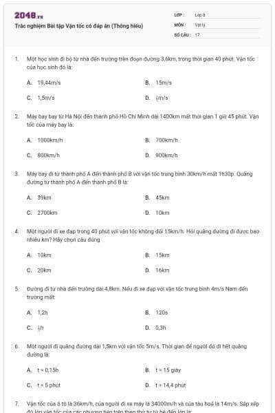 Trắc nghiệm Bài tập Vận tốc có đáp án (Thông hiểu)