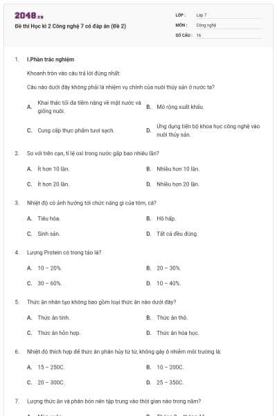 Đề thi Học kì 2 Công nghệ 7 có đáp án (Đề 2)