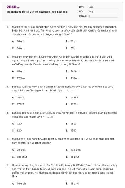 Trắc nghiệm Bài tập Vận tốc có đáp án (Vận dụng cao)