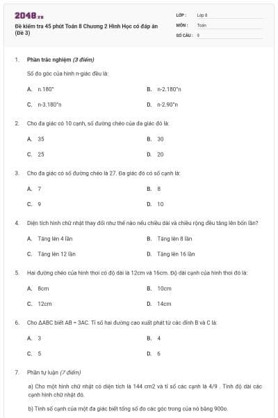 Đề kiểm tra 45 phút Toán 8 Chương 2 Hình Học có đáp án (Đề 3)