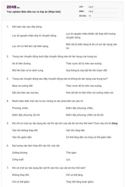 Trắc nghiệm Biểu diễn lực có đáp án (Nhận biết)