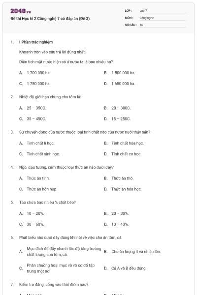 Đề thi Học kì 2 Công nghệ 7 có đáp án (Đề 3)
