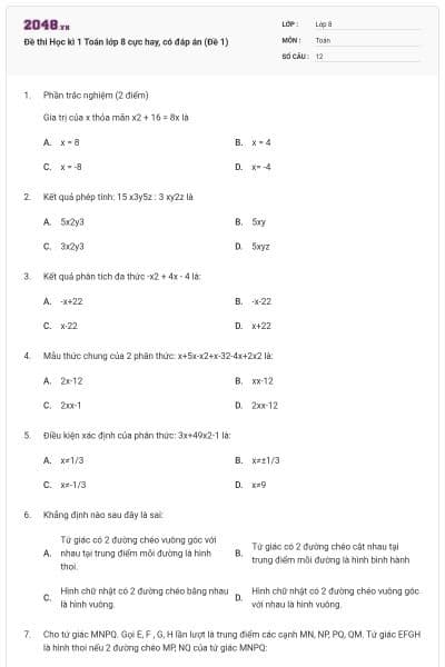 Đề thi Học kì 1 Toán lớp 8 cực hay, có đáp án (Đề 1)
