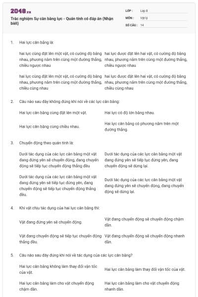 Trắc nghiệm Sự cân bằng lực - Quán tính có đáp án (Nhận biết)