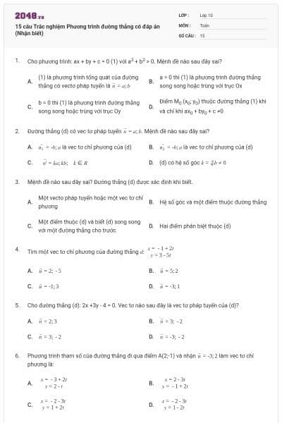 15 câu Trắc nghiệm Phương trình đường thẳng có đáp án (Nhận biết)
