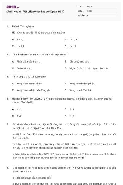 Đề thi Học kì 1 Vật Lí lớp 9 cực hay, có đáp án (Đề 4)