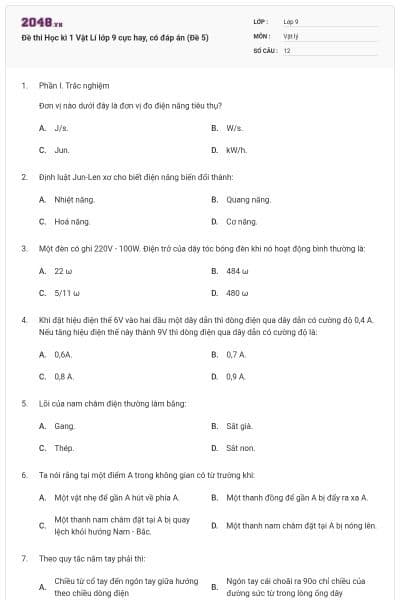 Đề thi Học kì 1 Vật Lí lớp 9 cực hay, có đáp án (Đề 5)